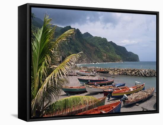Fishing Boats on Beach, Overcast Sky and Coast, Martinique, Lesser Antilles, French West Indies-Traverso Doug-Framed Stretched Canvas