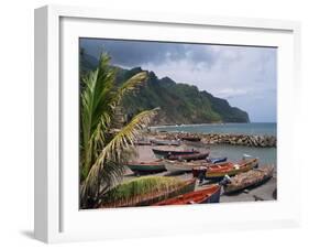 Fishing Boats on Beach, Overcast Sky and Coast, Martinique, Lesser Antilles, French West Indies-Traverso Doug-Framed Photographic Print