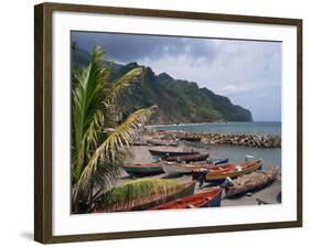 Fishing Boats on Beach, Overcast Sky and Coast, Martinique, Lesser Antilles, French West Indies-Traverso Doug-Framed Photographic Print