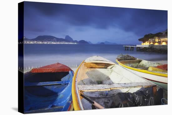 Fishing Boats on Copacabana Beach at Dusk, Rio de Janeiro, Brazil, South America-Ian Trower-Stretched Canvas