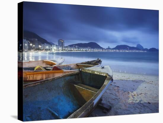 Fishing Boats on Copacabana Beach at Dusk, Rio De Janeiro, Brazil-Ian Trower-Stretched Canvas