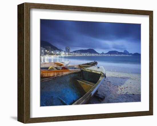 Fishing Boats on Copacabana Beach at Dusk, Rio De Janeiro, Brazil-Ian Trower-Framed Photographic Print