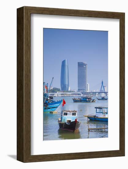 Fishing Boats on Song River and City Skyline, Da Nang, Vietnam, Indochina, Southeast Asia, Asia-Ian Trower-Framed Photographic Print