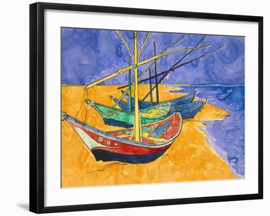 Fishing Boats on the Beach at Saintes-Maries-De-La-Mer-Vincent van Gogh-Framed Premium Giclee Print