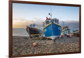 Fishing boats pulled up on shingle beach at sunrise, Beer, Jurassic Coast, Devon, England-Stuart Black-Framed Photographic Print