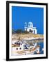 Fishing Boats with a Chapel in Background, Chios Island, Greek Islands, Greece, Europe-Sakis Papadopoulos-Framed Photographic Print