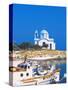 Fishing Boats with a Chapel in Background, Chios Island, Greek Islands, Greece, Europe-Sakis Papadopoulos-Stretched Canvas
