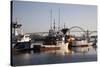 Fishing Boats with Yaquina Bay Bridge in Background, Newport, Oregon, USA-Jamie & Judy Wild-Stretched Canvas