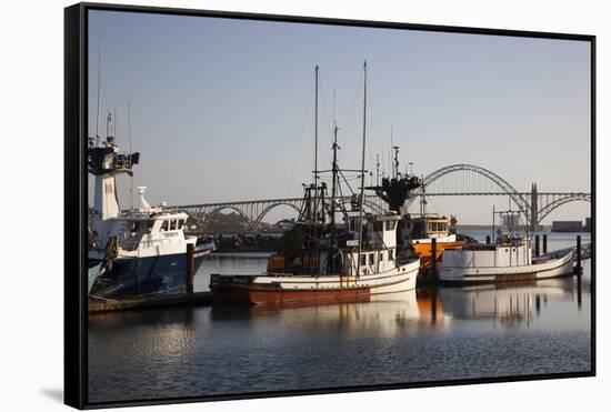 Fishing Boats with Yaquina Bay Bridge in Background, Newport, Oregon, USA-Jamie & Judy Wild-Framed Stretched Canvas