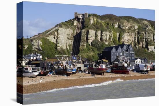 Fishing Fleet Drawn Up on Beach and East Hill Lift, Hastings, Sussex, England, United Kingdom-Rolf Richardson-Stretched Canvas