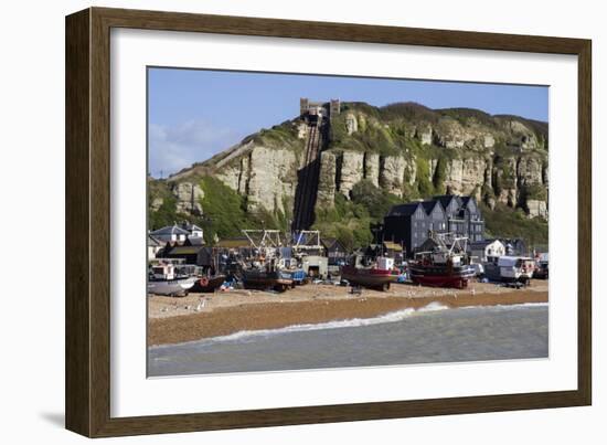 Fishing Fleet Drawn Up on Beach and East Hill Lift, Hastings, Sussex, England, United Kingdom-Rolf Richardson-Framed Photographic Print