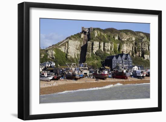 Fishing Fleet Drawn Up on Beach and East Hill Lift, Hastings, Sussex, England, United Kingdom-Rolf Richardson-Framed Photographic Print