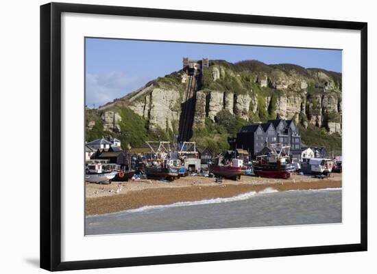 Fishing Fleet Drawn Up on Beach and East Hill Lift, Hastings, Sussex, England, United Kingdom-Rolf Richardson-Framed Photographic Print