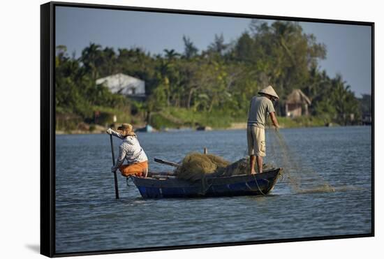 Fishing from boat on Thu Bon River, Hoi An, Vietnam-David Wall-Framed Stretched Canvas