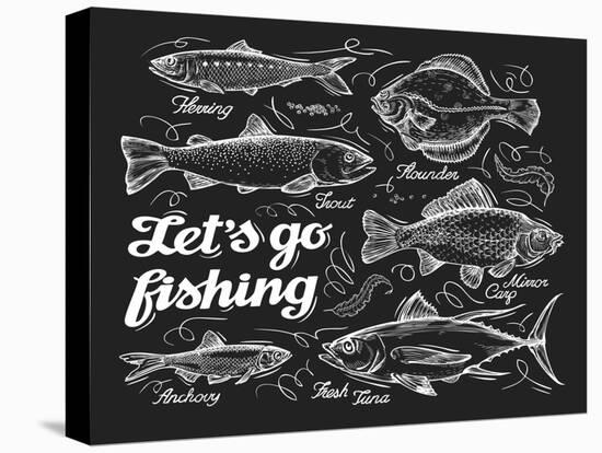 Fishing. Hand Drawn Sketch Fish, Herring, Trout, Flounder, Carp, Tuna, Sprat. Vector Illustration-AVA Bitter-Stretched Canvas