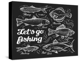 Fishing. Hand Drawn Sketch Fish, Herring, Trout, Flounder, Carp, Tuna, Sprat. Vector Illustration-AVA Bitter-Stretched Canvas