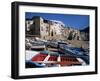 Fishing Harbour and Porta Pescara Beyond, Cefalu, Island of Sicily, Italy, Mediterranean-Julian Pottage-Framed Photographic Print