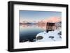 Fishing Hut on Stilts on a Pier, Winter Landscape in a Fjord in Front of Snowy Mountains-P. Kaczynski-Framed Photographic Print