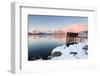 Fishing Hut on Stilts on a Pier, Winter Landscape in a Fjord in Front of Snowy Mountains-P. Kaczynski-Framed Photographic Print