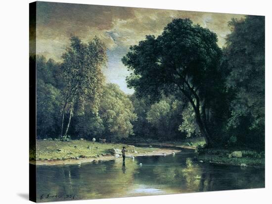Fishing in a Stream, 1857-George Inness-Stretched Canvas