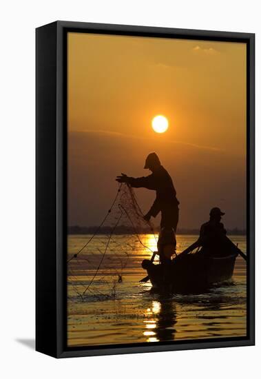 Fishing in the Danube Delta, Casting Nets During Sunset on a Lake, Romania-Martin Zwick-Framed Stretched Canvas