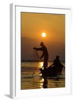Fishing in the Danube Delta, Casting Nets During Sunset on a Lake, Romania-Martin Zwick-Framed Photographic Print