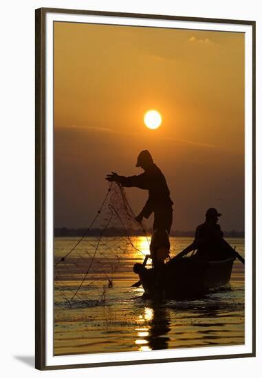 Fishing in the Danube Delta, Casting Nets During Sunset on a Lake, Romania-Martin Zwick-Framed Premium Photographic Print