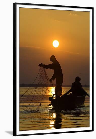 Fishing in the Danube Delta, Casting Nets During Sunset on a Lake, Romania-Martin Zwick-Framed Premium Photographic Print