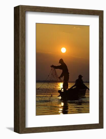 Fishing in the Danube Delta, Casting Nets During Sunset on a Lake, Romania-Martin Zwick-Framed Photographic Print