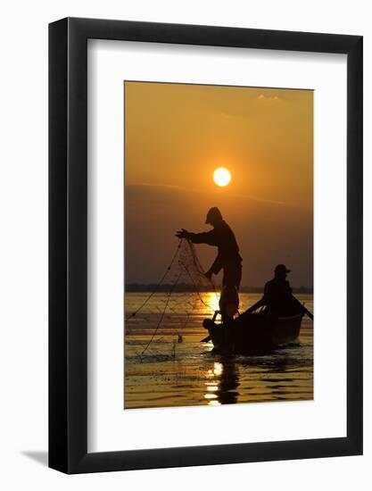 Fishing in the Danube Delta, Casting Nets During Sunset on a Lake, Romania-Martin Zwick-Framed Photographic Print