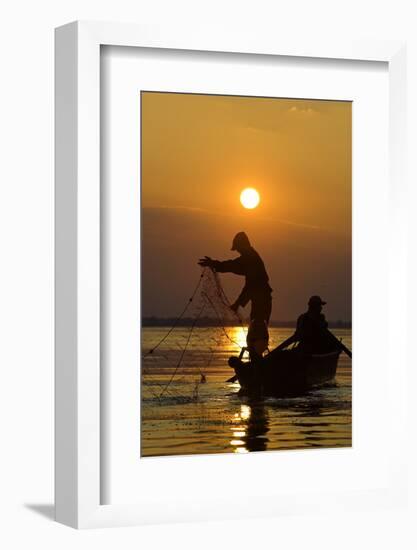 Fishing in the Danube Delta, Casting Nets During Sunset on a Lake, Romania-Martin Zwick-Framed Photographic Print