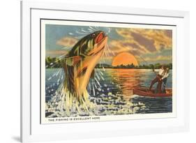 Fishing is Excellent Here, Catching Giant Fish-null-Framed Art Print