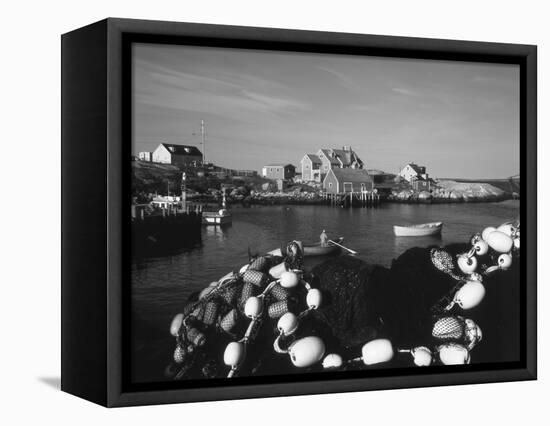 Fishing Nets and Houses at Harbor, Peggy's Cove, Nova Scotia, Canada-Greg Probst-Framed Stretched Canvas