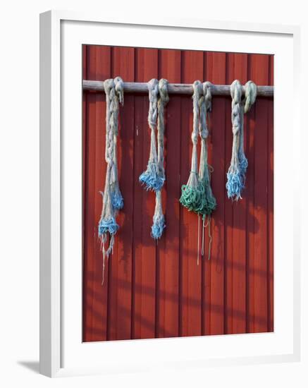 Fishing Nets Hanging from Rorbuer Exterior, Storvagen, Austvagsoya, Lofoten, Nordland, Norway-Doug Pearson-Framed Photographic Print