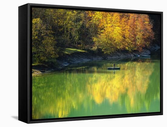 Fishing on Lake Sylvanstein, Germany with Fall Colors-Sheila Haddad-Framed Stretched Canvas