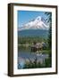 Fishing on Trillium Lake with Mount Hood, part of the Cascade Range, reflected in the still waters,-Martin Child-Framed Photographic Print