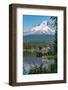 Fishing on Trillium Lake with Mount Hood, part of the Cascade Range, reflected in the still waters,-Martin Child-Framed Photographic Print