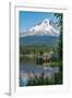 Fishing on Trillium Lake with Mount Hood, part of the Cascade Range, reflected in the still waters,-Martin Child-Framed Photographic Print