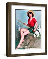 Fishing Pin-Up and Dog c1940s-Walt Otto-Framed Art Print