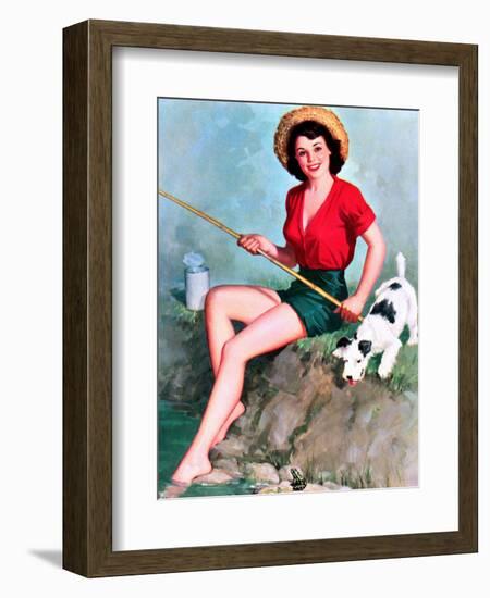 Fishing Pin-Up and Dog c1940s-Walt Otto-Framed Art Print