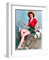 Fishing Pin-Up and Dog c1940s-Walt Otto-Framed Art Print