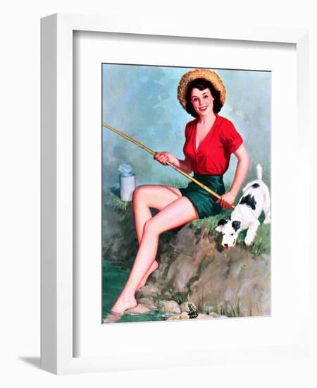 Fishing Pin-Up and Dog c1940s-Walt Otto-Framed Art Print