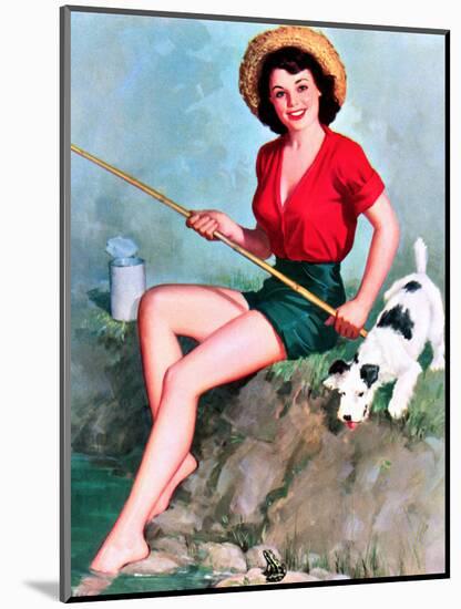 Fishing Pin-Up and Dog c1940s-Walt Otto-Mounted Art Print