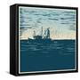 Fishing Schooner, Sea and Sea Gulls. Linocut Style. Vector Illustration-jumpingsack-Framed Stretched Canvas