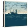 Fishing Schooner, Sea and Sea Gulls. Linocut Style. Vector Illustration-jumpingsack-Stretched Canvas