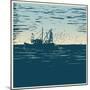 Fishing Schooner, Sea and Sea Gulls. Linocut Style. Vector Illustration-jumpingsack-Mounted Premium Giclee Print