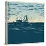 Fishing Schooner, Sea and Sea Gulls. Linocut Style. Vector Illustration-jumpingsack-Stretched Canvas