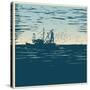 Fishing Schooner, Sea and Sea Gulls. Linocut Style. Vector Illustration-jumpingsack-Stretched Canvas