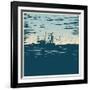 Fishing Schooner, Sea and Sea Gulls. Linocut Style. Vector Illustration-jumpingsack-Framed Art Print