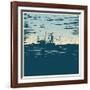 Fishing Schooner, Sea and Sea Gulls. Linocut Style. Vector Illustration-jumpingsack-Framed Art Print